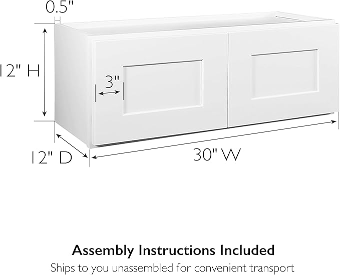 Design House Brookings Shaker Bridge Wall Kitchen Cabinet W3012, 30 W x 12 D x 12 H, Painted White, Solid Wood, Ready to Assemble, 561621