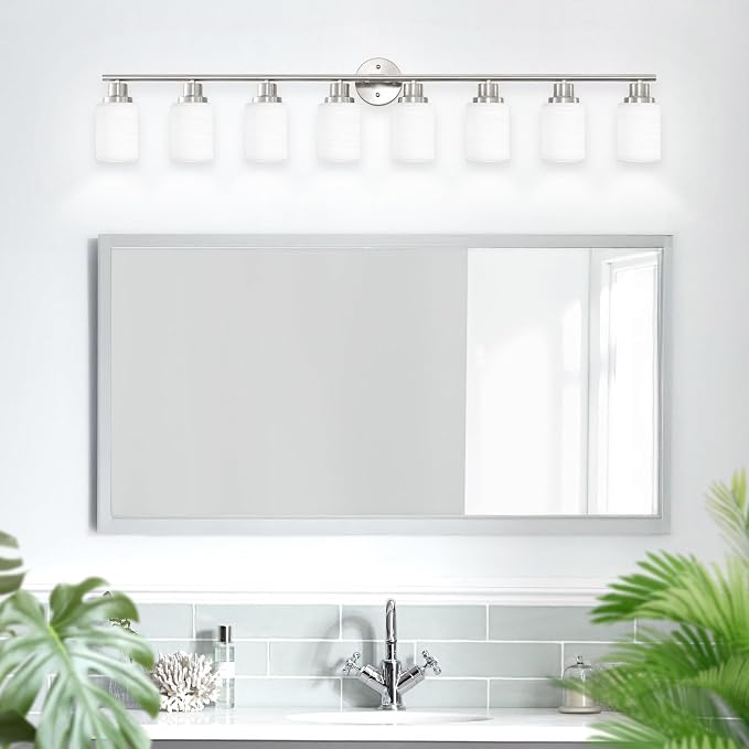 8-Light Vanity Lights, Brushed Nickel Bathroom Light Fixture with Striped Textured Milky White Glass Shade, E26 Modern Vanity Lighting Fixture for Bathroom Wall Sconce Light Over Mirror