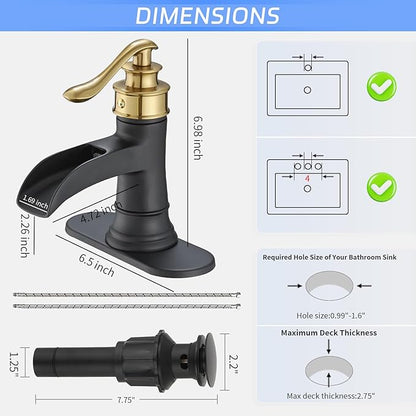 BWE Bathroom Sink Faucet Gold with Matte Black Waterfall Farmhouse Vanity Lavatory Single Hole Faucets One Handle Bath Antique Mixer with Water Supply Line