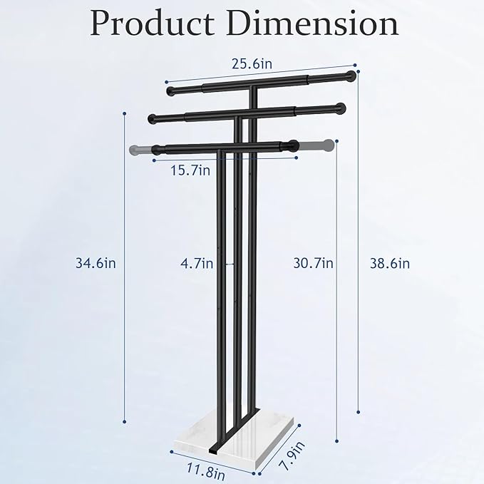 Kayfia 40'' Stainless Steel Towel Rack, Weighted Marble Base, 3 Tier | Width Adjustable Taller Design, Brushed Stainless Steel , Stable Weighted Base, Suitable For Multiple Bathroom Spaces, Black