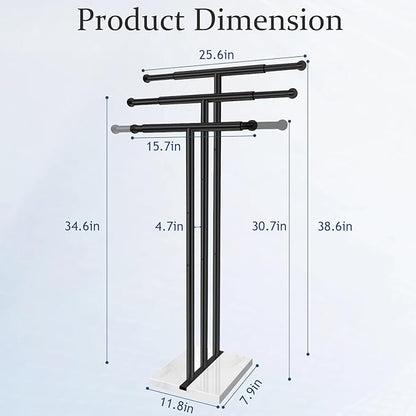 Kayfia 40'' Stainless Steel Towel Rack, Weighted Marble Base, 3 Tier | Width Adjustable Taller Design, Brushed Stainless Steel , Stable Weighted Base, Suitable For Multiple Bathroom Spaces, Black