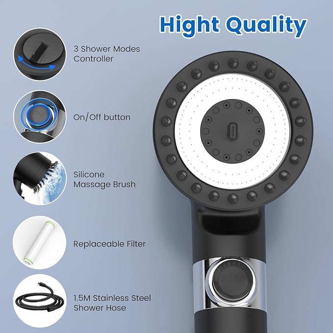 Filtered Shower Head with Handheld, High Pressure Showerhead | 4 Spray &Pause Switch Upgraded Anti-clog Nozzles for Shower Head with 59" Explosion-Hose &Bracket for Hard Water & Pets,Black