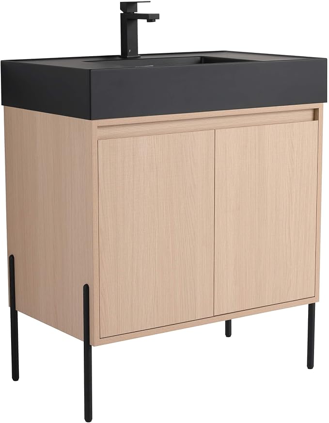 Crownpoint 30 Inch Bathroom Vanity with Sink, Black Sink, White Oak Finish, Full Assembly Required, Elegant Bathroom Vanities for Modern Homes