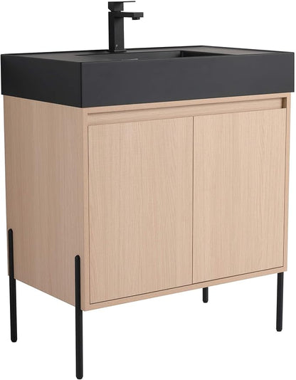 Crownpoint 30 Inch Bathroom Vanity with Sink, Black Sink, White Oak Finish, Full Assembly Required, Elegant Bathroom Vanities for Modern Homes
