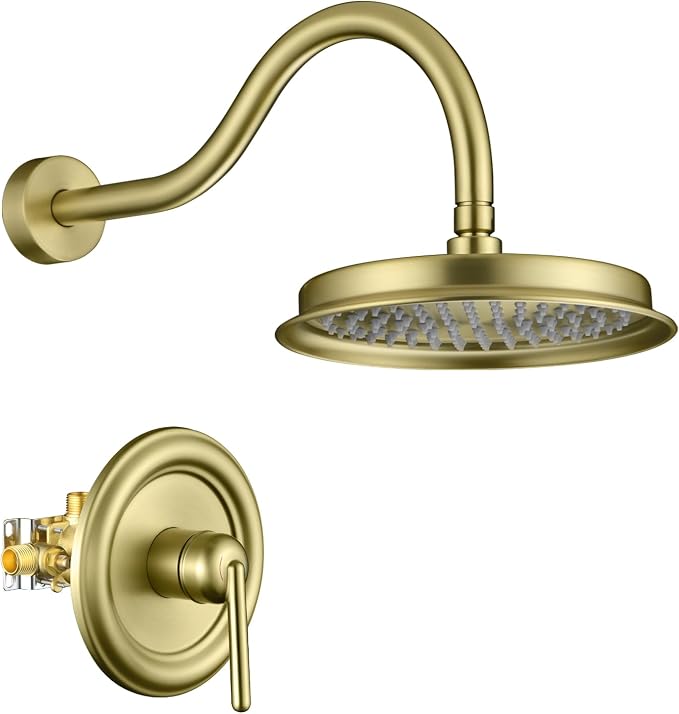 Rainfall Shower System Shower Faucet Set, Luxury, Antique, Light Gold | 9 Inch Single Function Shower Head, Pressure Balance Valve, Wall Mounted, Bathroom, Shower Trim Kit