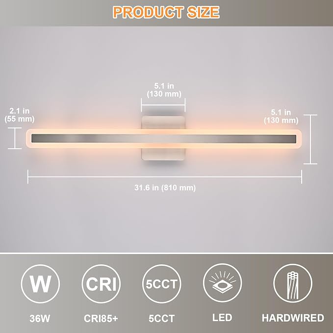 31.6 Inch Bathroom Vanity Light, 5CCT Dimmable LED Vanity Light Bar, Modern LED Wall Sconces Lighting Fixtures for Bathroom Mirror Cabinets Bedroom, Brushed Nickel Finish, 36W