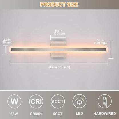 31.6 Inch Bathroom Vanity Light, 5CCT Dimmable LED Vanity Light Bar, Modern LED Wall Sconces Lighting Fixtures for Bathroom Mirror Cabinets Bedroom, Brushed Nickel Finish, 36W