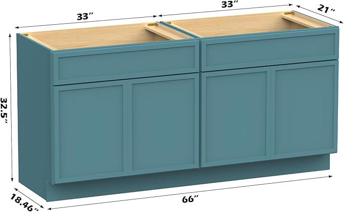 Vanity Art 66 Inch Bathroom Vanity Base Cabinet Double Sink Top (Without Sink), Soft Closing Door, Storage Unassembled Cabinet, Green, 2ea 33 Inch Cabinet Combo