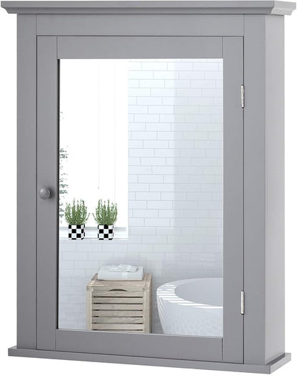 Tangkula Bathroom Cabinet with Mirror, Mirrored Wall-Mounted Storage Medicine Cabinet w/Single Door & Adjustable Shelf in 5 Positions, Multipurpose Wall Cabinet for Bathroom (Gray)
