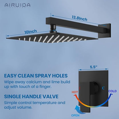Airuida Shower Faucet Set,10 Inch Shower Valve Kit,Matte Black | Male Threads,Rough-in Valve Shower Trim Kit,Single Handle Control Shower Set