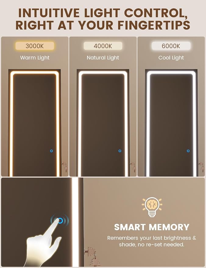 Full Length Jewelry Armoire with LED Mirror 360 Rotating White | Full length LED mirror, 3-color light, 360 rotating base, jewelry storage, makeup tray, shelves, drawers