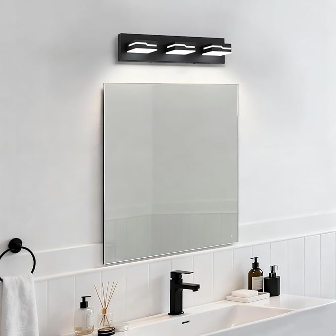 LED Modern Bathroom Vanity Light Fixtures 3-Light, 19 inch Dimmable Matte Black Vanity Lights for Bathroom Lighting Fixtures Over Mirror, with 350°Rotatable Acrylic Heads(White Light 5500K)