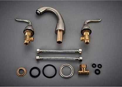 Basin Faucet Deck Mounted Bathroom Mixer Crane Dual Handle 3 Hole Cold and Hot Washing Tap-Antique Brass,Gold(Brushed Nickel)