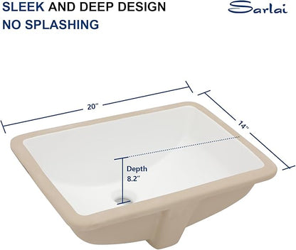 Sarlai Undermount Bathroom Sink White - 19.4 x 13.7 inch Rectangular Undermount Vessel Sink Modern White Ceramic Rectangle Sink, Vanity Sink Art Basin with Overflow, Interior Bowl Size 17.3"x11.6"