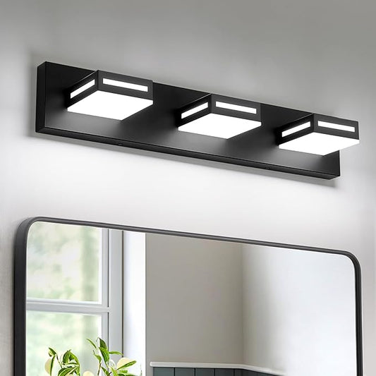 LED Modern Bathroom Light Fixtures, 3-Light 24-Inch Matte Black Vanity Lights for Bathroom Lighting Fixtures Over Mirror, 350° Rotatable Acrylic, 6000K Cool White Wall Lamp