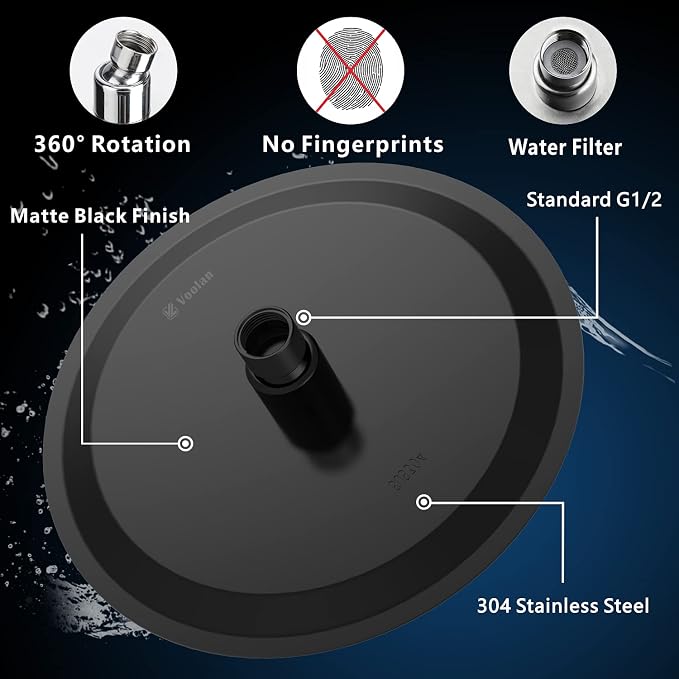 Voolan High Pressure Rain Shower Head - Rainfall Shower head Made of 304 Stainless Steel - Comfortable Shower Experience Even at Low Water Flow (6 Inch, Black)