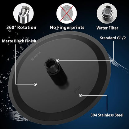 Voolan High Pressure Rain Shower Head - Rainfall Shower head Made of 304 Stainless Steel - Comfortable Shower Experience Even at Low Water Flow (6 Inch, Black)