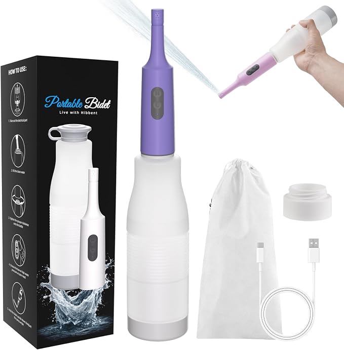 Hibbent Portable Bidet for Travel, High Pressure Electric Handheld Bidet Sprayer, 350-550ML Expandable Bottle for Personal Hygiene, USB-C Rechargeable Waterproof Sprayer for Women & Men, Purple