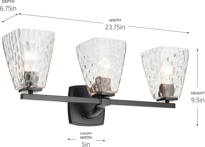 Kichler Marant 21.25" 3-Light Vanity Light with Clear Water Glass in Black, for Bathroom, Powder Room, Over a Mirror, (21.25" W x 9.5" H), 55216BKWTR