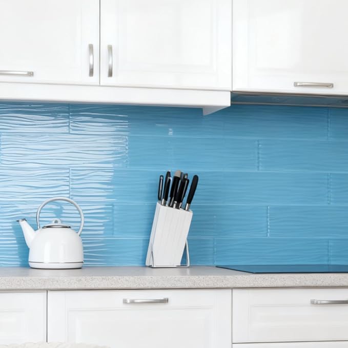 Light Blue Glass Subway Tile 3 x 12 Inch Water Ripple for Kitchen Backsplash Bathroom Wall (16-Pack, 4 sq.ft.)