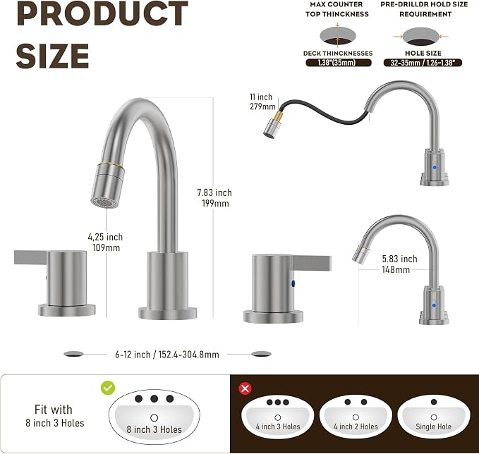 Pull Down Sprayer Brushed Nickel Widespread Bathroom Sink Faucet, 8 Inch 2 Handles 3 Hole Pull Out Bathroom Faucet,with Pop Up Drain and Water Supply Line,BF04022-K01-GBN