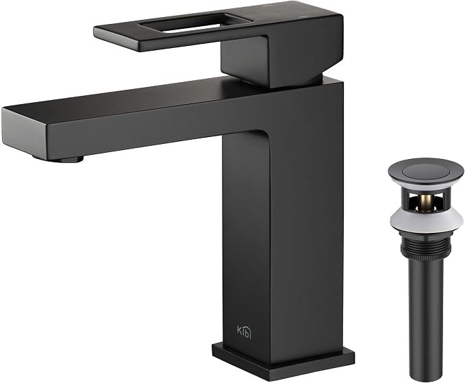 Matte Black Bathroom Sink Faucet - Solid Brass Single Handle with Pop-Up Drain | High Arc Cubic Spout Lavatory Faucet, Corrosion-Resistant, Easy DIY Install (KBF1002)