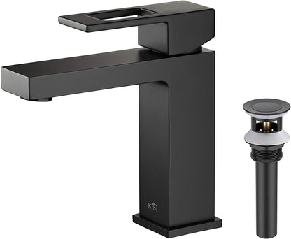 Matte Black Bathroom Sink Faucet - Solid Brass Single Handle with Pop-Up Drain | High Arc Cubic Spout Lavatory Faucet, Corrosion-Resistant, Easy DIY Install (KBF1002)
