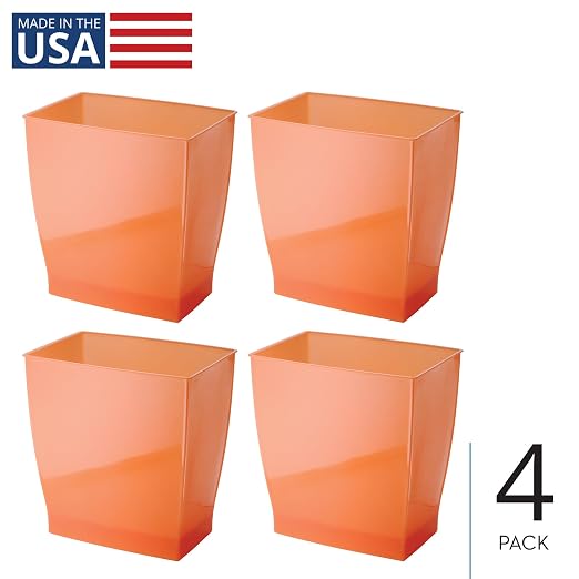 iDesign Small Plastic Bathroom Trash Can, Slim Rectangle, 4-Pack, Orange | Garbage Bin for Bedroom, Office, Dorm