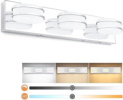 GOODATE 3 Color Temperature Dimmable Bathroom Light Fixtures Over Mirror, LED Chrome 3 Light Vanity Lighting Fixtures, Acrylic Stainless Steel Oval Shade Vanity Lights for Bathroom, ETL Certificated
