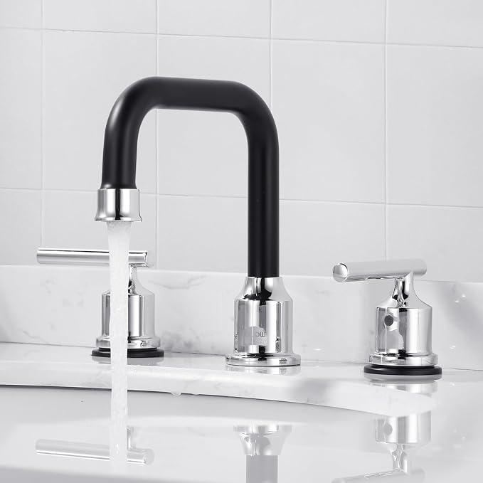 WOWOW Black Chrome Bathroom Faucet 3 Hole, Widespread Vanity Sink Faucets | Copper Inlet Faucet for Bathroom Sink with Swivel Spout, 2 Handles Lavatory Tap with Drain and cUPC Supply Line