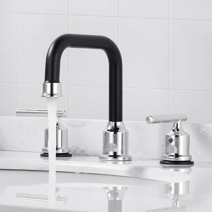 WOWOW Black Chrome Bathroom Faucet 3 Hole, Widespread Vanity Sink Faucets | Copper Inlet Faucet for Bathroom Sink with Swivel Spout, 2 Handles Lavatory Tap with Drain and cUPC Supply Line