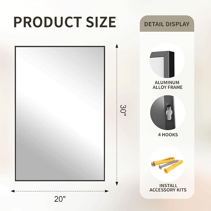 FICTOR Bathroom Vanity Mirror for Over Sink, 20" x 30", Black | Anti-Rust Frame, Shatterproof Tempered Glass, Vertical/Horizontal Wall Mounted Mirror for Bedroom, Entryway, Living Room