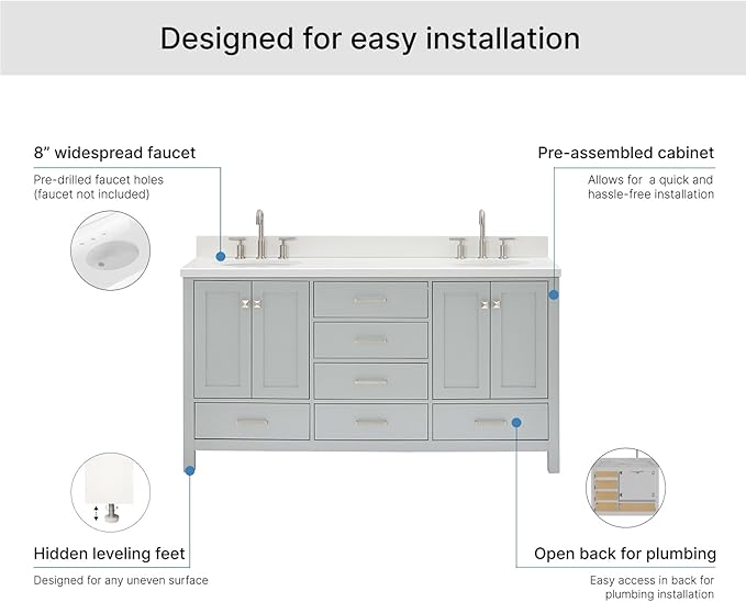 ARIEL Cambridge 66-inch Bathroom Vanity with Sink,Solid Wood, 1.5-inch Pure White Quartz Countertop & Backsplash, Double Oval Porcelain Sink, 4 Soft Closing Doors, 6 Dovetail Drawers, Grey