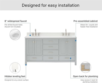 ARIEL Cambridge 66-inch Bathroom Vanity with Sink,Solid Wood, 1.5-inch Pure White Quartz Countertop & Backsplash, Double Oval Porcelain Sink, 4 Soft Closing Doors, 6 Dovetail Drawers, Grey