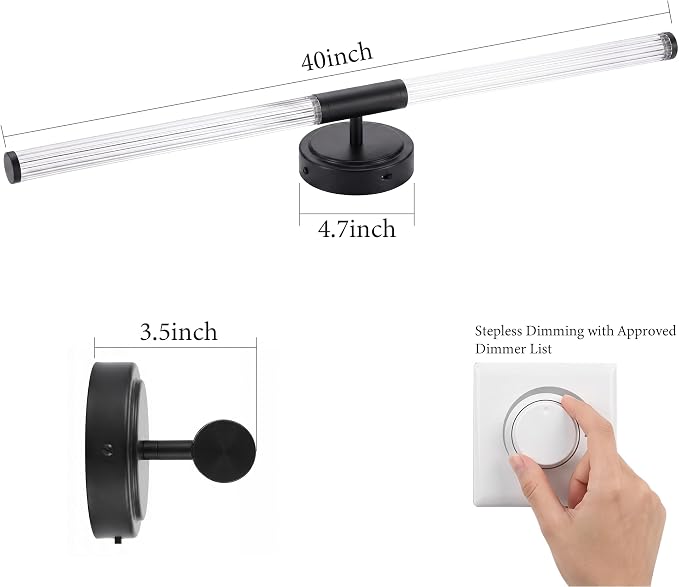URSOLA 40" Modern LED Bathroom Light Fixtures, Matte Black 3CCT Dimmable Bathroom Vanity Light Over Mirror, Bathroom Vanity Bath Bar Lights with 360° Removable Acrylic Light Tube