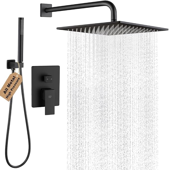 Matte Black Shower Faucet Set Rainfall 12 Inch Shower Head and Handle Set Bathroom Rain Shower System Wall Mounted Shower Fixture Include Shower Valve and Trim Kit