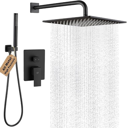 Matte Black Shower Faucet Set Rainfall 12 Inch Shower Head and Handle Set Bathroom Rain Shower System Wall Mounted Shower Fixture Include Shower Valve and Trim Kit