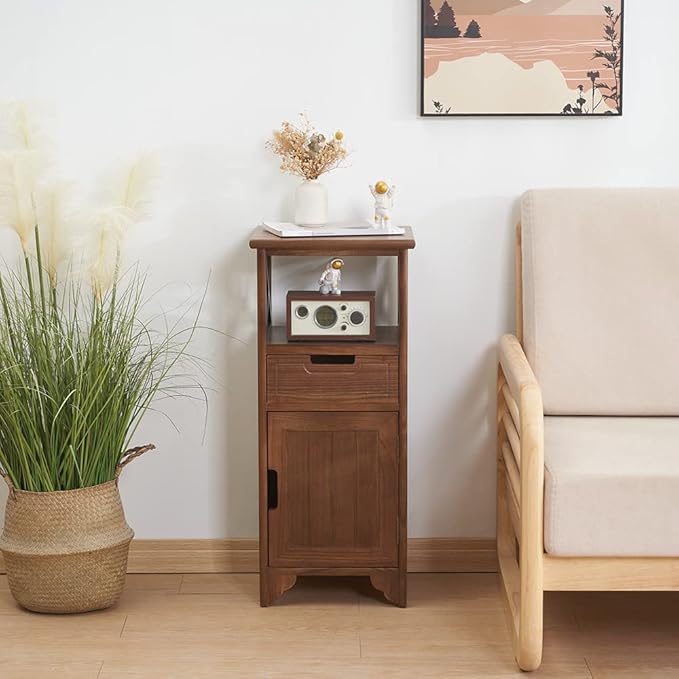 30 Inches Tall End Table, Fully Assembled Bathroom Floor Cabinet with Shelf and Storage, No Assembly Nightstand with Drawer for Bedroom-Walnut