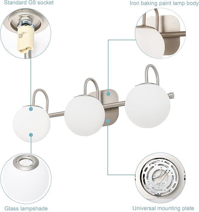 Brushed Nickel Bathroom Vanity Light Fixtures 3 Lights Milk White Glass Globe Shade Modern Wall Sconce Lighting Bath Vanity Lights Bar Over Mirror (Exclude G9 Bulb)