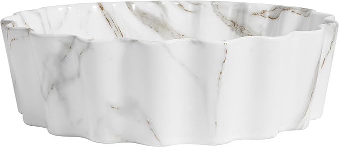 JONATHAN Y SNK1005C 15" Round Bathroom Vessel Sink, Art Deco Scallop Above Counter Vanity Sink, White Marble Finish Ceramic Basin for Modern Powder Room and Lavatory