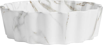 JONATHAN Y SNK1005C 15" Round Bathroom Vessel Sink, Art Deco Scallop Above Counter Vanity Sink, White Marble Finish Ceramic Basin for Modern Powder Room and Lavatory