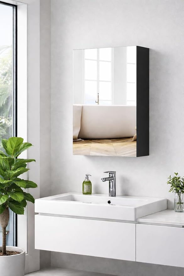 Panana Bathroom Cabinet Medicine Cabinets with Single Mirrored Door Wall Mounted Cabinet with Mirror, Storage Shelf with Adjustable Shelves Storage Organizer Kitchen Cupboard (Black, 15.7x23.6 inch)