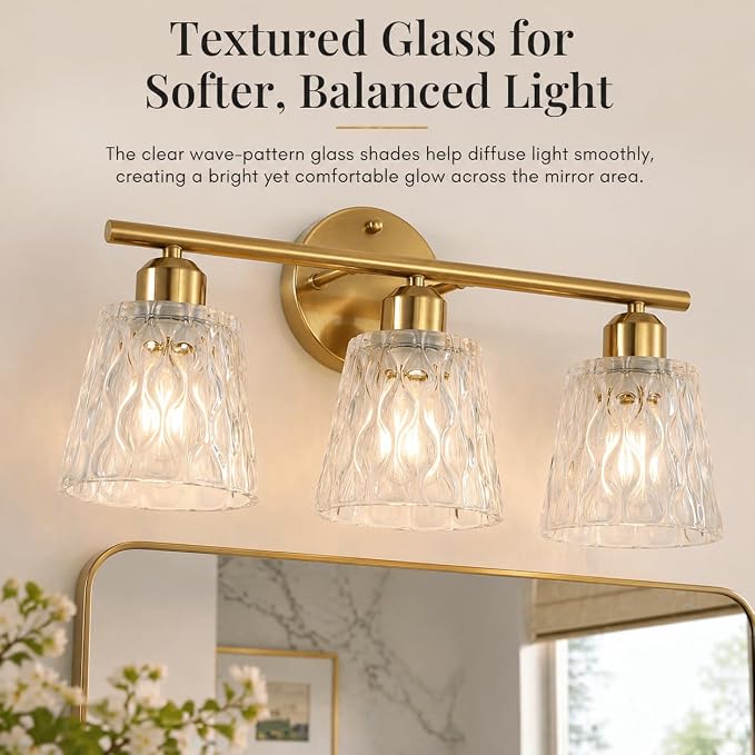 Brushed Gold Bathroom Vanity Light Over Mirror, 3-Light Stainless Steel Bathroom Fixture with Textured Glass Shades, Modern Wall Mount Vanity Lighting, E26 Sockets (Bulbs Not Included)