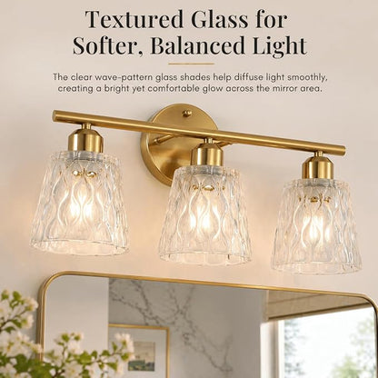 Brushed Gold Bathroom Vanity Light Over Mirror, 3-Light Stainless Steel Bathroom Fixture with Textured Glass Shades, Modern Wall Mount Vanity Lighting, E26 Sockets (Bulbs Not Included)