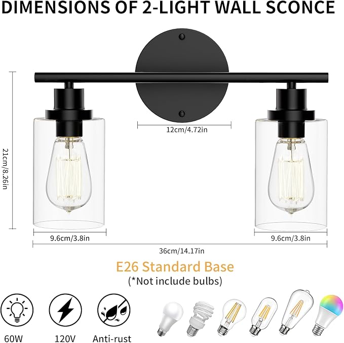 GORDNWE Modern Vanity Light - 2 Lights Matte Black Wall Light Fixtures | E26 Bulb Base, Clear Glass Shade, Over Mirror, Farmhouse Style