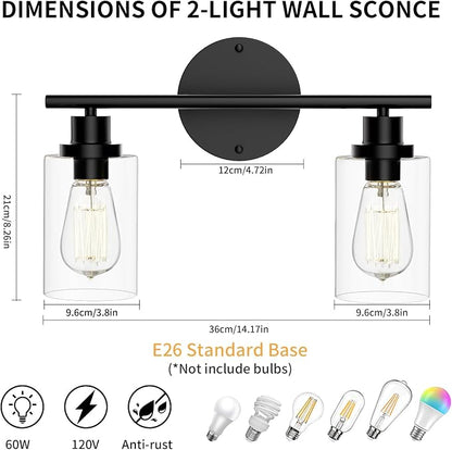GORDNWE Modern Vanity Light - 2 Lights Matte Black Wall Light Fixtures | E26 Bulb Base, Clear Glass Shade, Over Mirror, Farmhouse Style