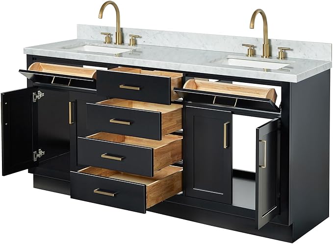 DKB Isabella 72 Inch Bathroom Vanity Double Sink — Black Bathroom Vanity with Sink, 1.5" Edge Italian Carrara Marble Countertop & Backsplash, 4 Soft-Close Doors, 4 Dovetail Drawers, and 2 Tilt Drawers