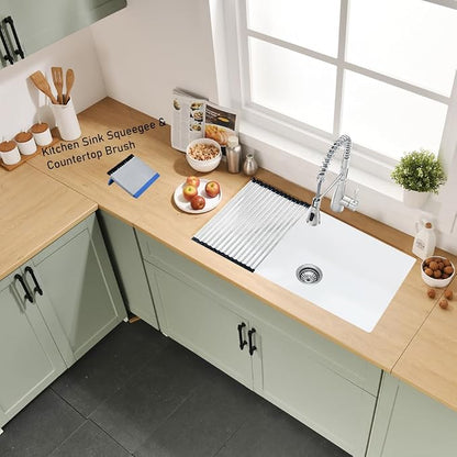 33 Inch White Undermount Kitchen Sink | 33x19 Granite Composite Kitchen Sink Quartz Undermount Single Bowl Deep Kitchen Sink with Countertop Squeegee Brush Combo