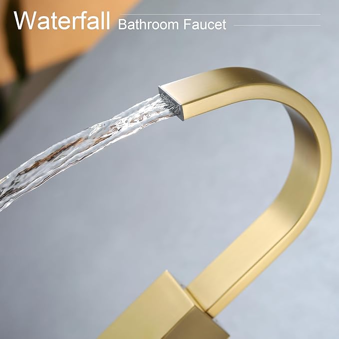 Brushed Gold Vessel Sink Faucet, Single Handle Tall Bathroom Faucet,Waterfall Bathroom Faucet Single Hole Lavatory Vanity Tap Single Hole Bar Sink Faucet with Pop Up Drain and Supply Lines,SL50044BG