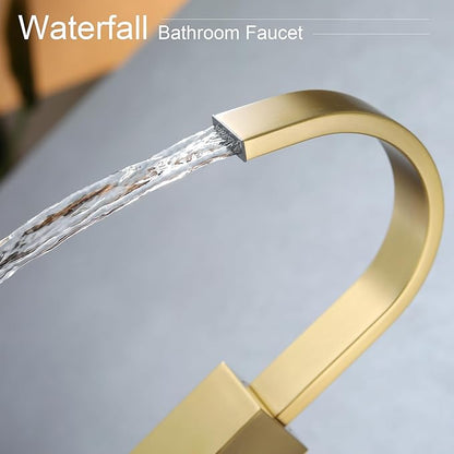 Brushed Gold Vessel Sink Faucet, Single Handle Tall Bathroom Faucet,Waterfall Bathroom Faucet Single Hole Lavatory Vanity Tap Single Hole Bar Sink Faucet with Pop Up Drain and Supply Lines,SL50044BG
